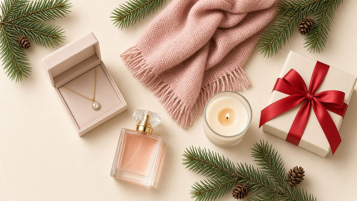 Gifts for her: necklace, perfume, scarf and candle