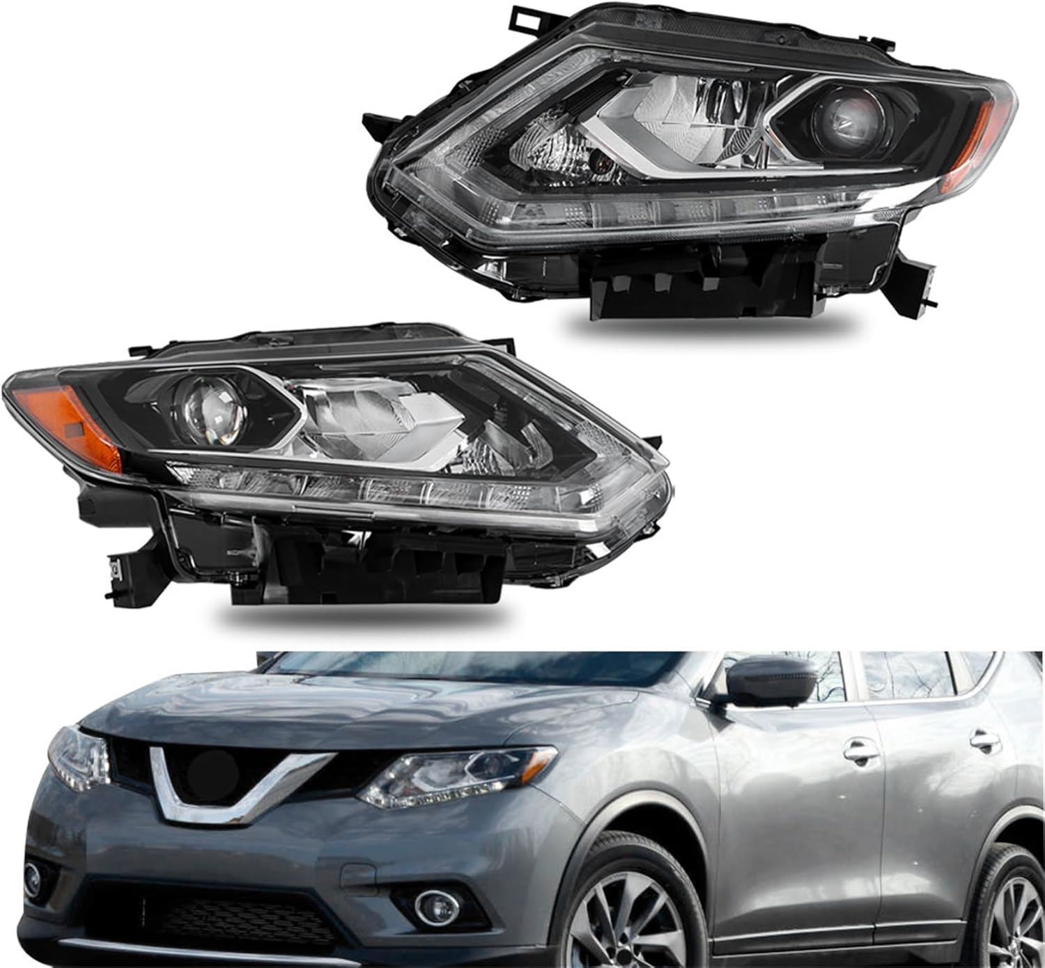 Headlight Assembly Set for 2014-2016 Nissan Rogue – Driver & Passenger Side Halogen Headlamps Replacement (Left + Right Pair)