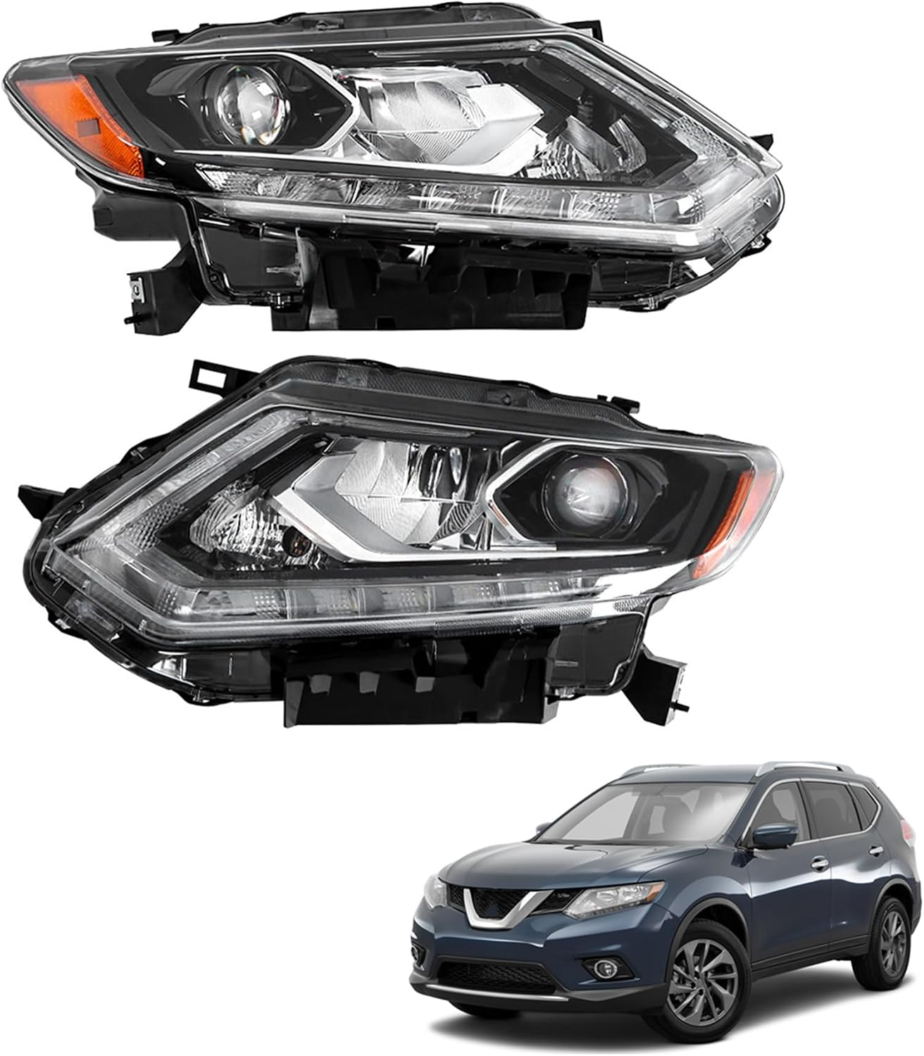Headlight Assembly Set for 2014 2015 2016 Nissan Rogue – Driver & Passenger Side Clear Lens Headlamps