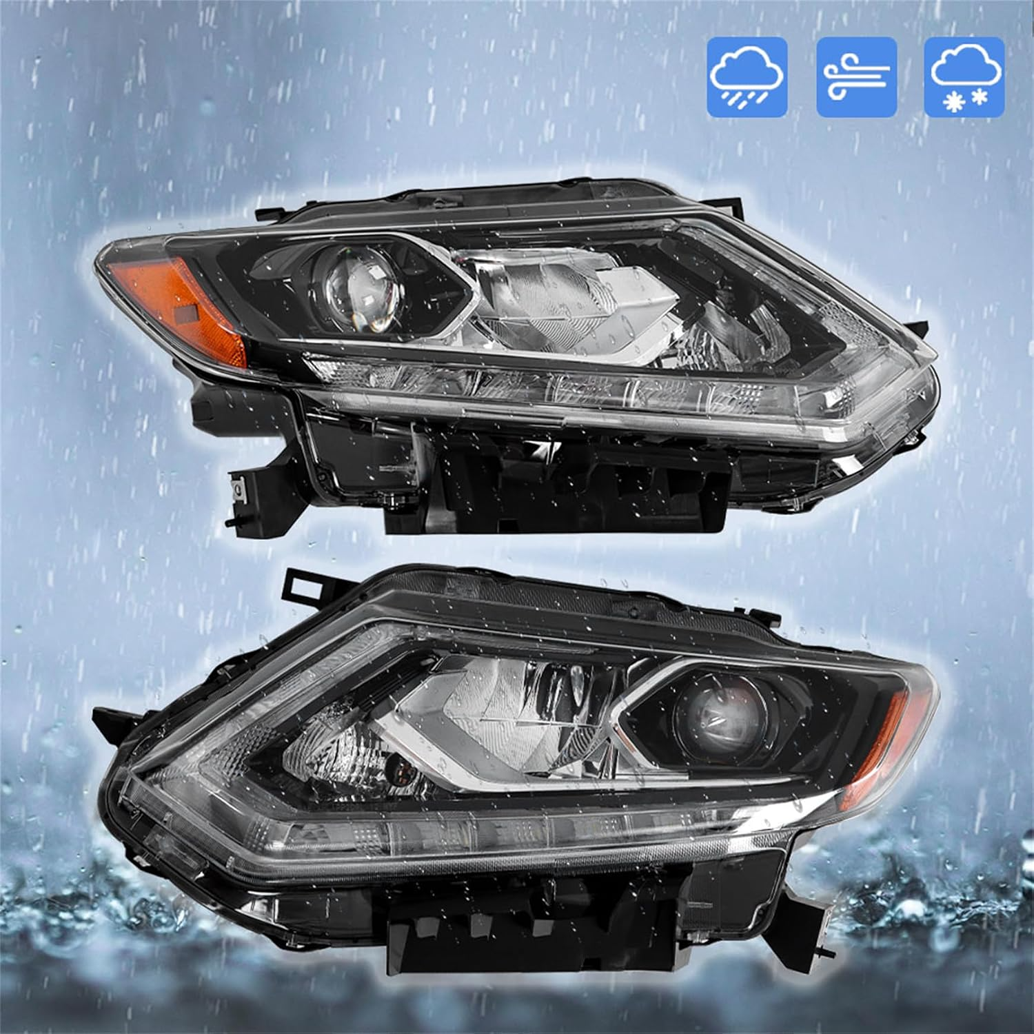 Headlight Assembly Set for 2014-2016 Nissan Rogue – Driver & Passenger Side Halogen Headlamps Replacement (Left + Right Pair)